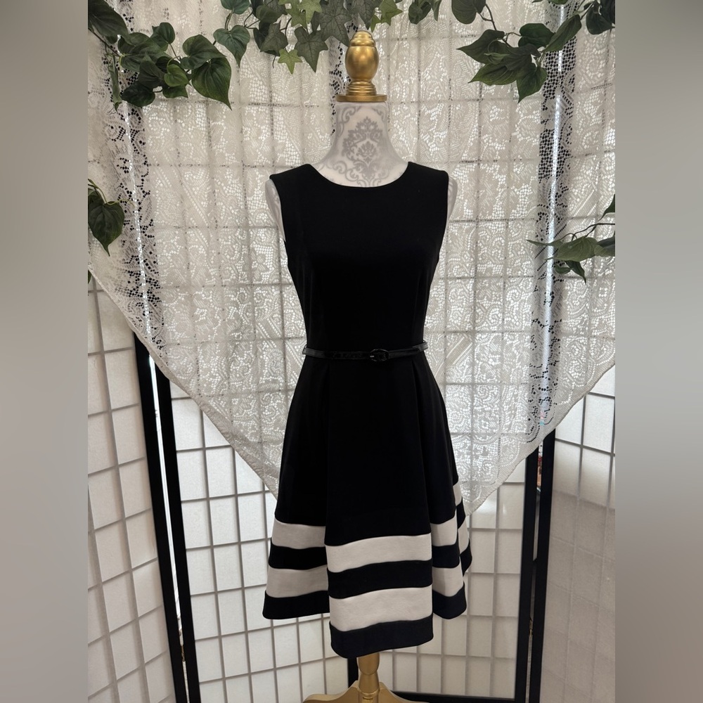 🌷SOLD🌷 Calvin Klein Black and White Fit and Flair Belted Sleeveless Dress Sz 2 - Picture 4 of 13